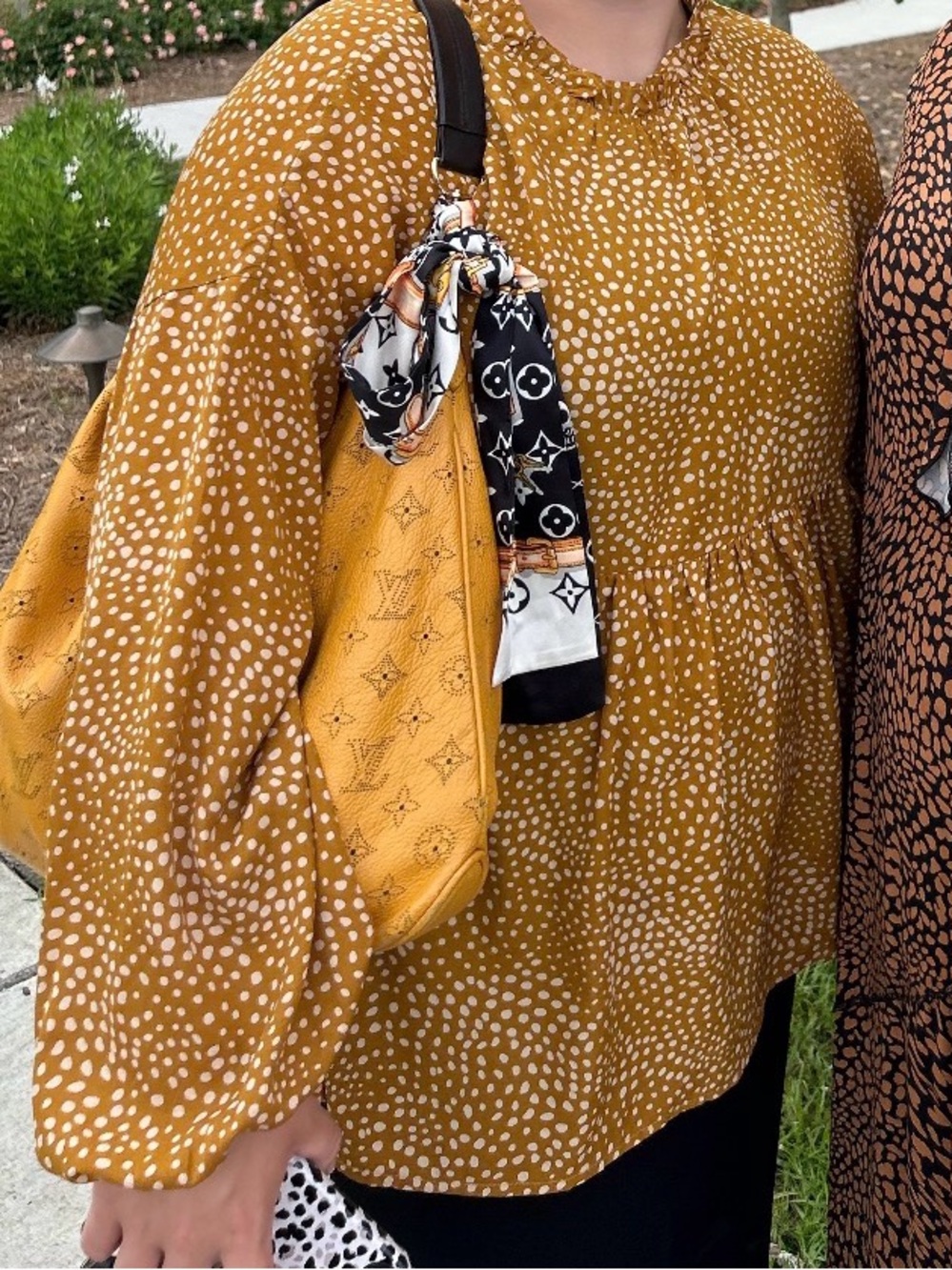 Women's Mustard Dot Peasant Blouse - Casual Long Sleeve Top